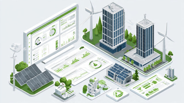 Futuristic smart city with renewable energy sources, digital screens, high-rise buildings