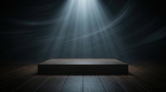 Product marketing concept featuring a wooden platform in a darkroom background.