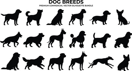 Dog breeds black silhouette vector collection featuring domestic puppies canine shapes and pedigree pets isolated on white background © Hello World
