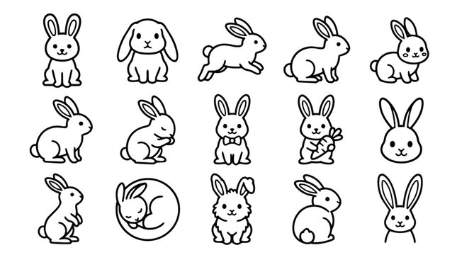 Kawaii rabbit characters set with various poses and expressions