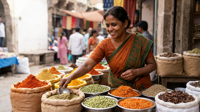 Indian woman vendor selling spices at a traditional market. Street food stall with colorful ingredients