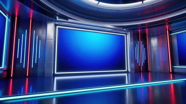 Professional 3D virtual studio set featuring a large screen for news slides and TV shows.
