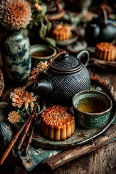 Traditional Mid-Autumn Festival table setting with tea, mooncakes, and elegant layout