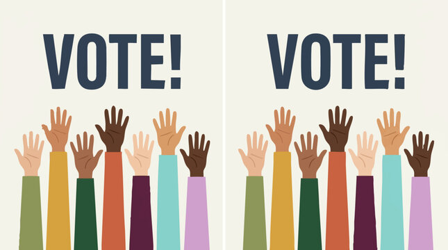 Diverse Hands Raised with 'VOTE!' Text for Election and Democracy