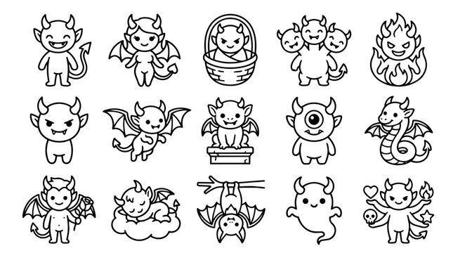 Cute cartoon devil characters set