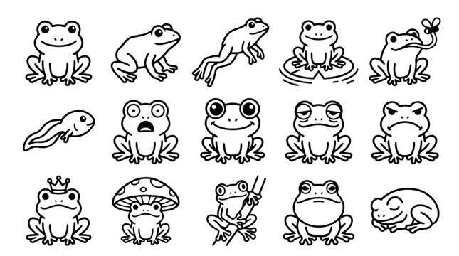 Set of diverse line art frog and tadpole icons