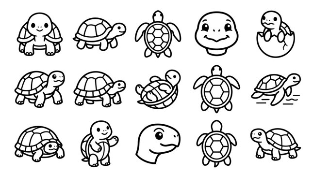Set of cute baby turtle and tortoise outline icons