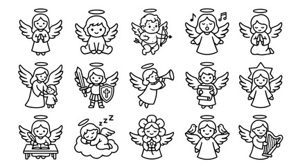 Obraz premium Cute Cartoon Angels Line Art Icons Set