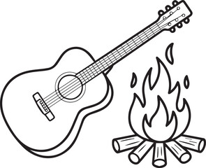 Fototapeta premium Acoustic guitar resting by crackling campfire in cozy outdoor evening setting