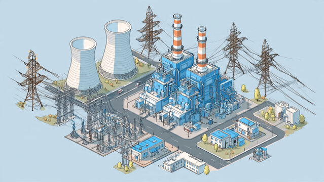 Industrial Power Plant with Cooling Towers and Lightning Protection Systems in Clear Blue Setting