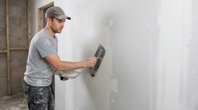 Male plasterer smoothing wet plaster onto an interior wall using a metal trowel and hawk. Professional construction worker finishing a room during home renovation. Building remodeling concept
