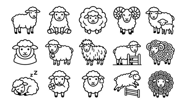 Set of cute farm sheep and lamb outline icons