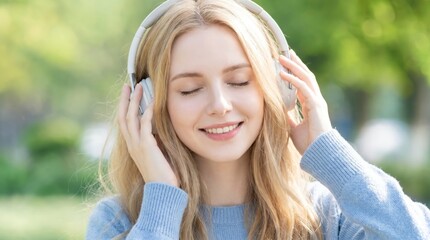 Naklejka premium A young woman with long blonde hair enjoys music outdoors, wearing headphones and a blue sweater, smiling with her eyes closed in a peaceful, sunny setting.