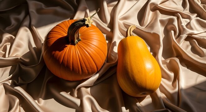 Two pumpkins on a beige satin fabric background for fall or thanksgiving decoration ideas