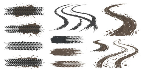 Set of black tire tracks and skid marks with grunge ink splatters for automotive and racing design elements © GraphixEra