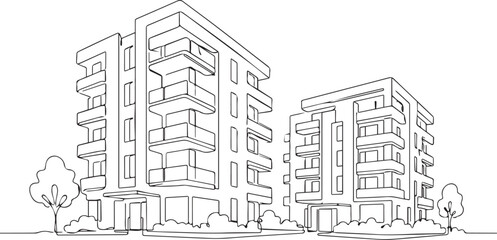 Naklejka premium Line art illustration of modern urban apartment buildings in minimalist architectural style