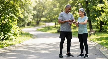 Obraz premium Active diverse senior couple checking smartwatches while jogging in park. Healthy aging and fitness tracking concept. Outdoor exercise