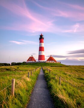 A serene landscape featuring a red and white lighthouse on a grassy hill with a pathway leading to it under a blue sky with pink clouds