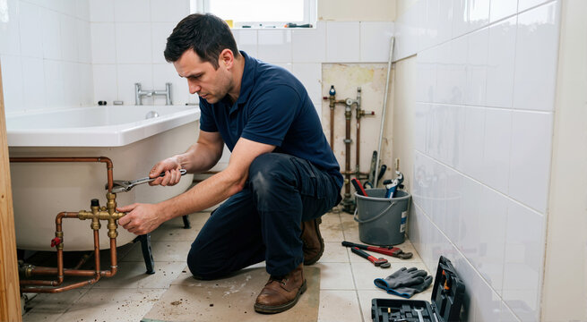 Male plumber using a wrench to connect copper water pipes to a bathtub. Handyman working on bathroom renovation and plumbing repair. Home improvement and maintenance concept