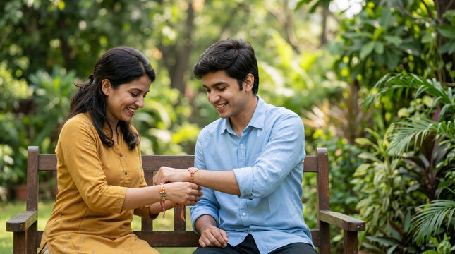 Indian sister tying a Rakhi on her brother's wrist. Happy siblings celebrating Raksha Bandhan festival outdoors on a park bench