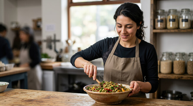 Woman preparing a freekeh salad in a kitchen. Healthy grain bowl with vegetables and herbs