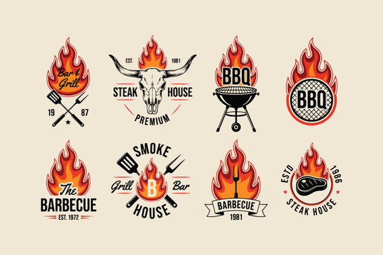 BBQ, barbecue, grill, vector logos, icons, labels, restaurant, food, steak, smoke