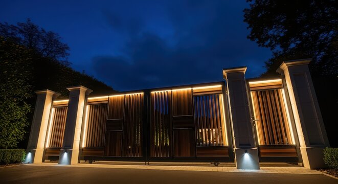 Elegant wooden automatic gates with vertical slats and warm LED accent lighting at night image photo