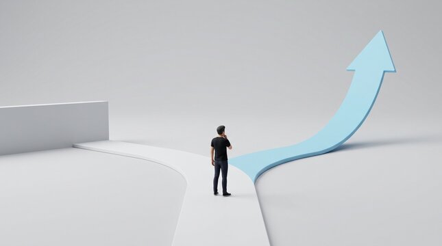 Silhouette of Person Choosing Direction Between Growth and Stagnation in Minimalist 3D Render