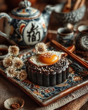 Traditional mooncake with sesame topping and yolk center, placed on a vintage plate