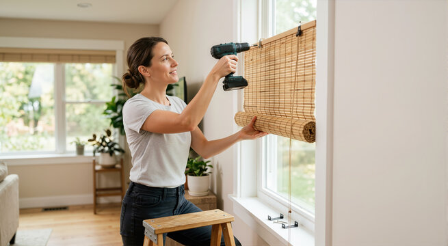 Smiling woman installing bamboo roller shade with power drill. Female adult standing on step stool fixing window blinds. DIY home improvement and interior decorating