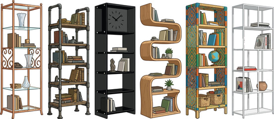 Collection of diverse bookshelves including modern industrial and traditional styles ideal for home interior design organization and storage © Ahmad