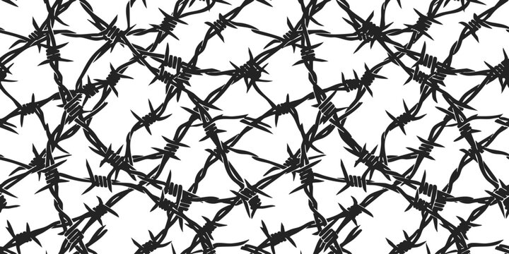 Seamless pattern of black barbed wire fence metal texture for industrial design and security barrier concept