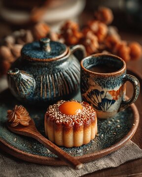 Traditional mooncake with sesame topping and yolk center, placed on a vintage plate