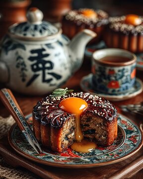 Traditional mooncake with sesame topping and yolk center, placed on a vintage plate