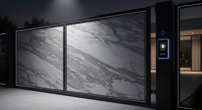 Luxury automatic gate with marble panels and illuminated digital keypad at night image photo
