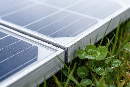 Solar panel module resting on wet grass with water droplets on its surface