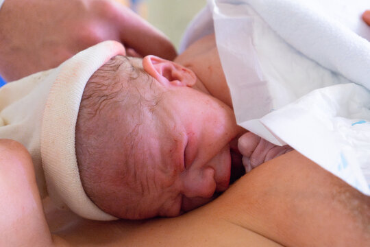 Newborn baby crying while lying on mother's chest after delivery