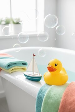 Yellow rubber duck with toy boat on bathtub edge and playful floating bubbles