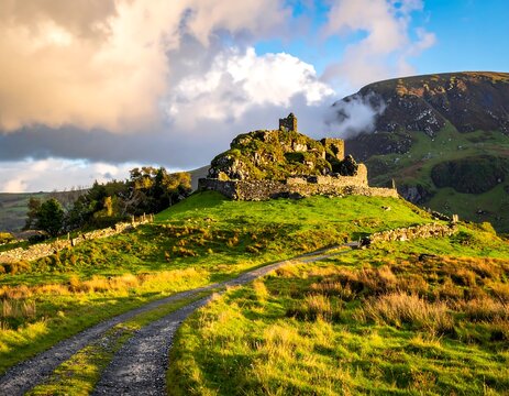 A serene landscape featuring a ruined castle atop a green hill with a winding dirt road
