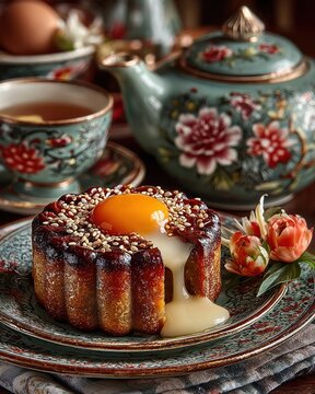 Traditional mooncake with sesame topping and yolk center, placed on a vintage plate