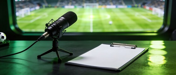 Obraz premium A modern football commentary studio, complete with microphones and clipboards, ready for the World Cup.