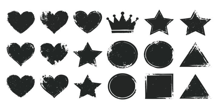 Set of black grunge stamp shapes including hearts stars crown circle square and triangle icons for design