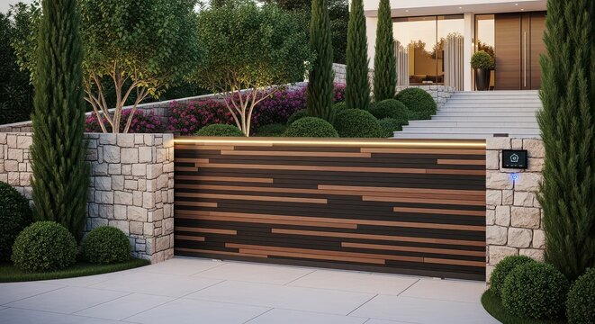 Modern Wooden and Stone Automatic Gate with Integrated Lighting and Smart Home Technology modern gate