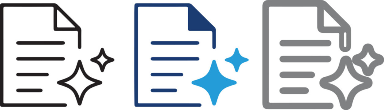 Clean document file icon with sparkles set, handmade vector illustration of shiny paper sheet symbols on transparent background for web and app UI design