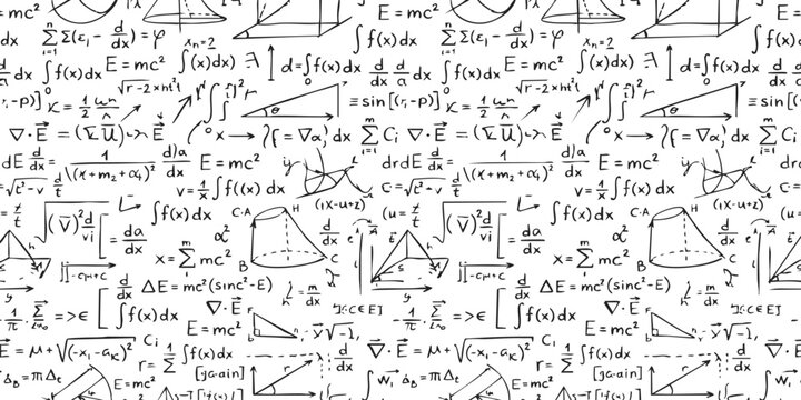 Seamless pattern background with handwritten mathematical formulas physics equations and geometric line drawings