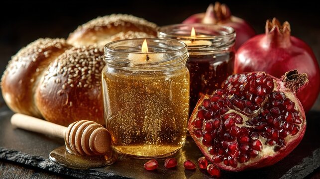 Traditional Rosh Hashanah items: honey, apples, pomegranate, menorah, and challah on black background