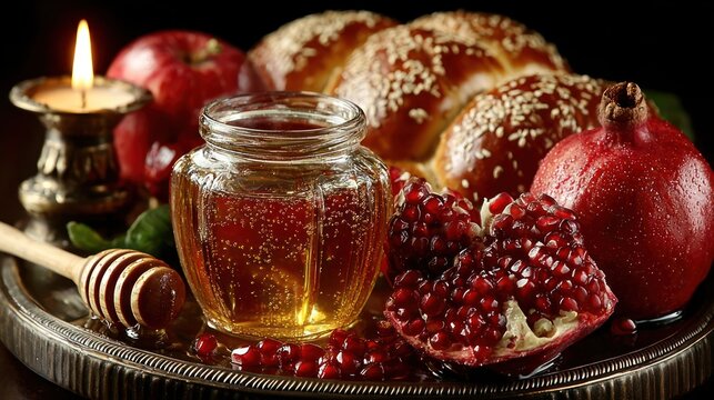 Traditional Rosh Hashanah items: honey, apples, pomegranate, menorah, and challah on black background