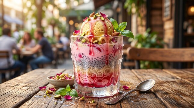 Gourmet falooda dessert with ice cream and pistachios, traditional rose syrup milkshake on rustic wooden table, refreshing summer treat in outdoor cafe