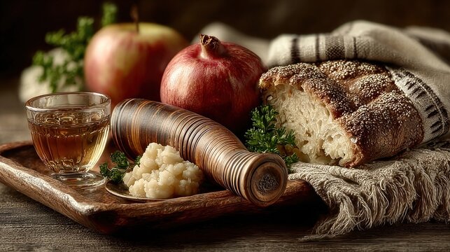 Traditional Rosh Hashanah setup with shofar, food, and tallit prayer shawl