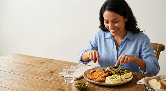 Woman eating a breaded milanesa cutlet with salad and mashed potatoes. Home lunch concept